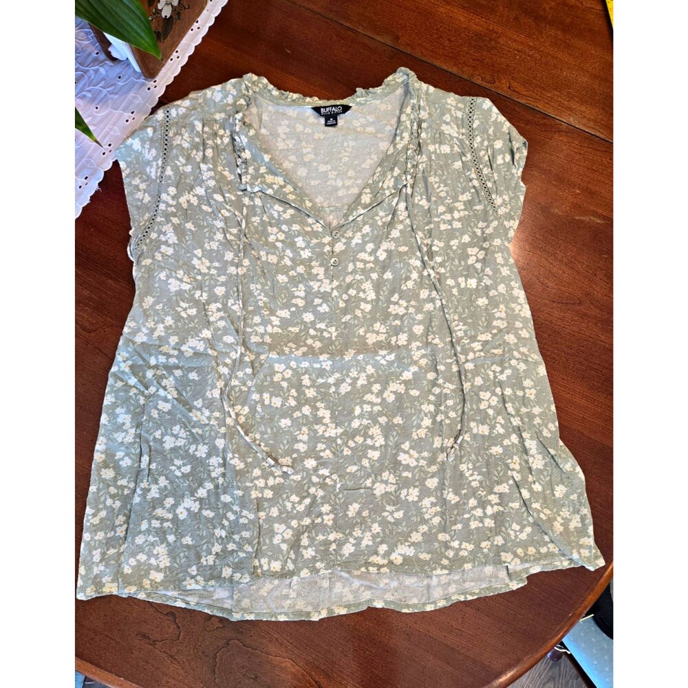 Buffalo David Bitton Women's Green Floral V-Neck Button Cotton Blouse M